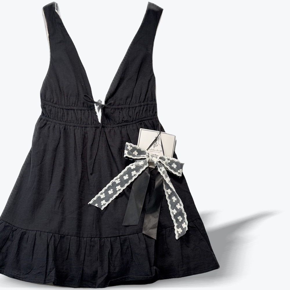 Thirty Thirty LA Mini Dress Babydoll V Neck Smocked Black Coquette Size L